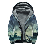 Zombie Hand Rising From Grave Print Sherpa Lined Zip Up Hoodie