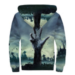 Zombie Hand Rising From Grave Print Sherpa Lined Zip Up Hoodie
