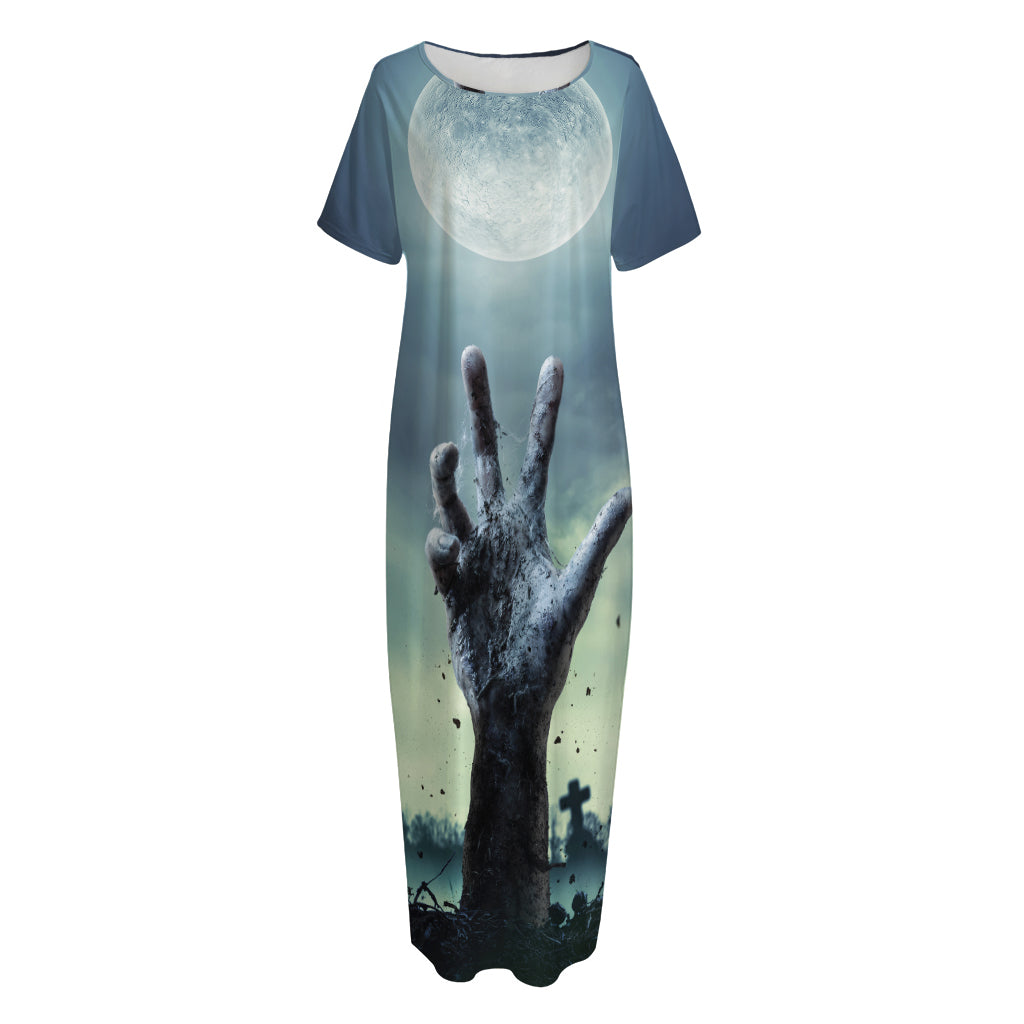 Zombie Hand Rising From Grave Print Short Sleeve Long Nightdress
