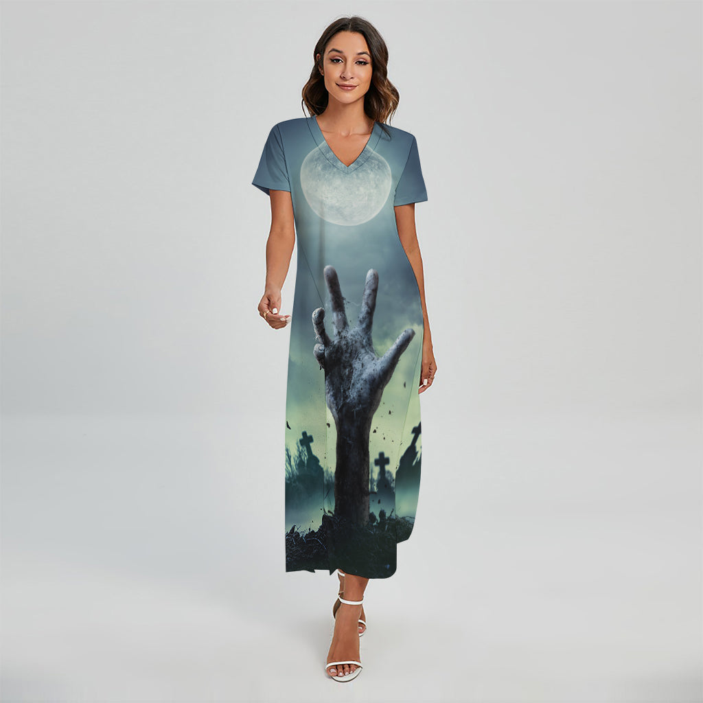 Zombie Hand Rising From Grave Print Short Sleeve Maxi Dress
