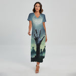 Zombie Hand Rising From Grave Print Short Sleeve Maxi Dress