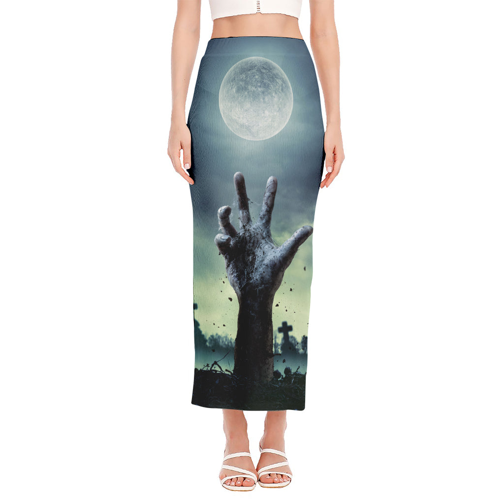 Zombie Hand Rising From Grave Print Side Slit Maxi Skirt