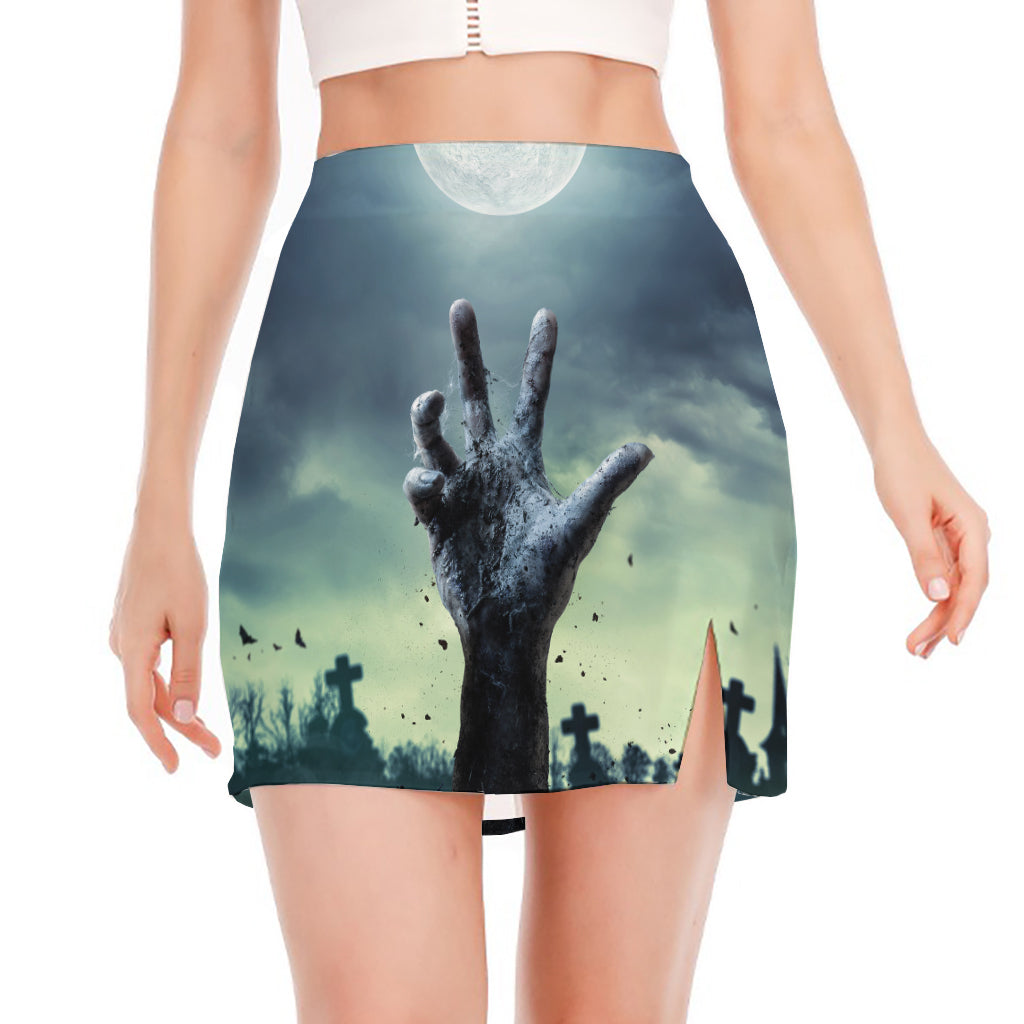 Zombie Hand Rising From Grave Print Side Slit Mini Skirt