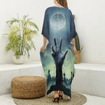 Zombie Hand Rising From Grave Print Silk V-Neck Kaftan Dress