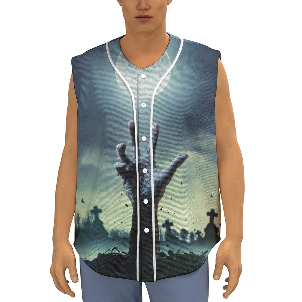 Zombie Hand Rising From Grave Print Sleeveless Baseball Jersey