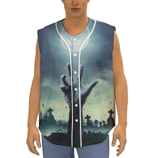 Zombie Hand Rising From Grave Print Sleeveless Baseball Jersey