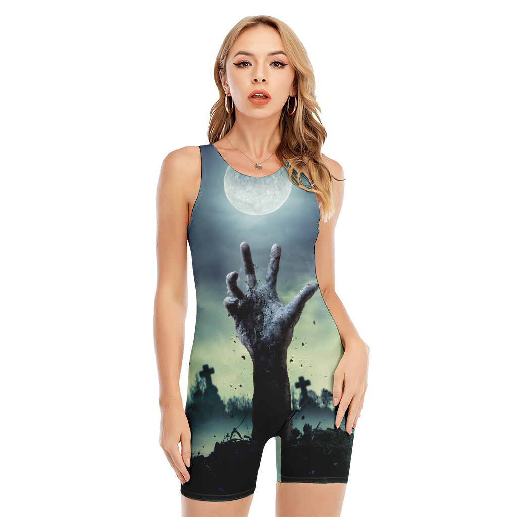Zombie Hand Rising From Grave Print Sleeveless One Piece Swimsuit