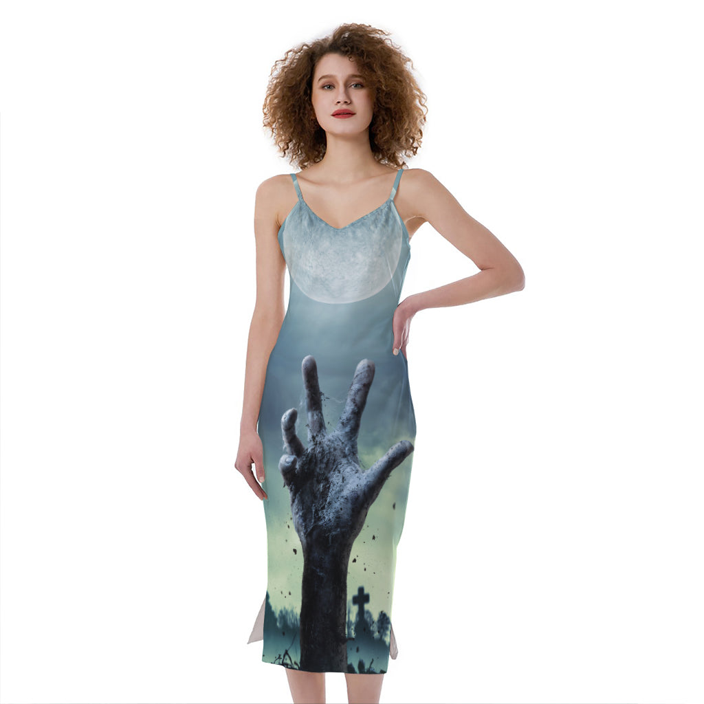 Zombie Hand Rising From Grave Print Slim Fit Midi Cami Dress