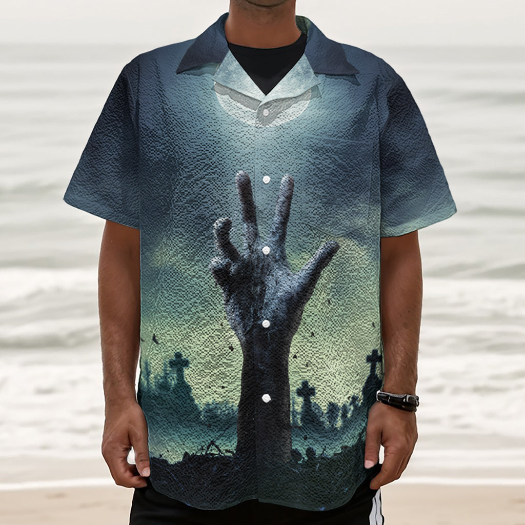Zombie Hand Rising From Grave Print Textured Short Sleeve Shirt