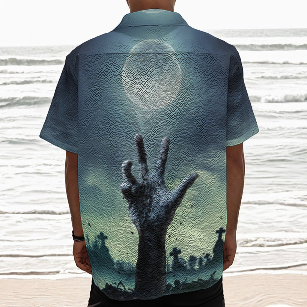 Zombie Hand Rising From Grave Print Textured Short Sleeve Shirt