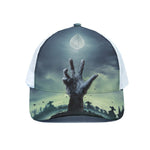 Zombie Hand Rising From Grave Print White Mesh Trucker Cap