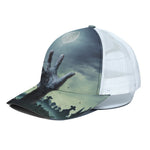 Zombie Hand Rising From Grave Print White Mesh Trucker Cap