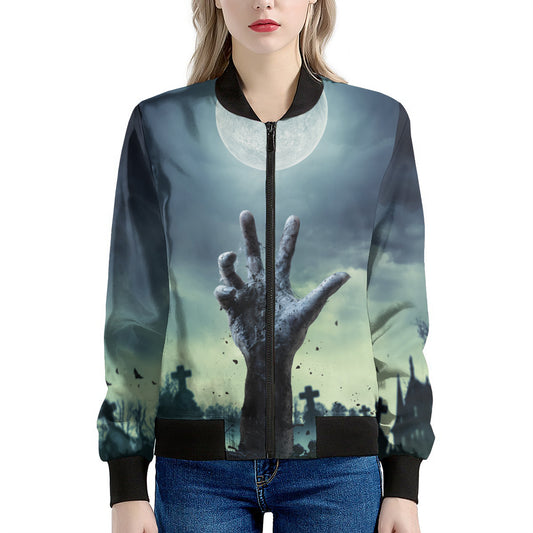 Zombie Hand Rising From Grave Print Women's Bomber Jacket
