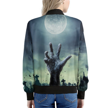 Zombie Hand Rising From Grave Print Women's Bomber Jacket