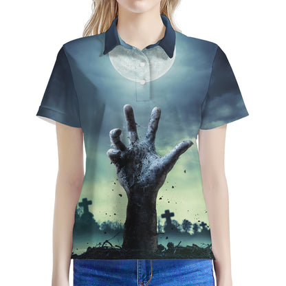 Zombie Hand Rising From Grave Print Women's Polo Shirt