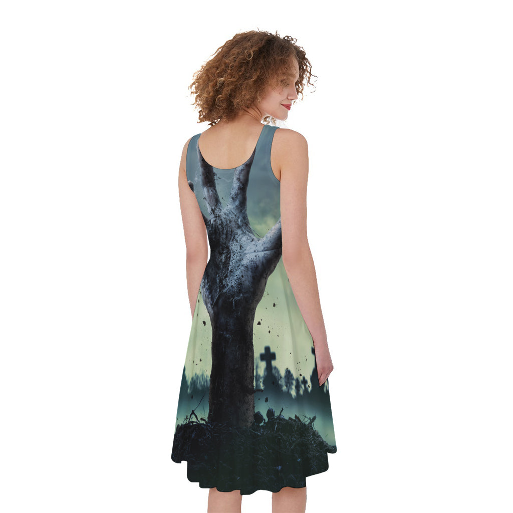 Zombie Hand Rising From Grave Print Women's Sleeveless Dress