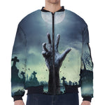 Zombie Hand Rising From Grave Print Zip Sleeve Bomber Jacket