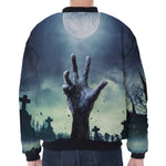 Zombie Hand Rising From Grave Print Zip Sleeve Bomber Jacket