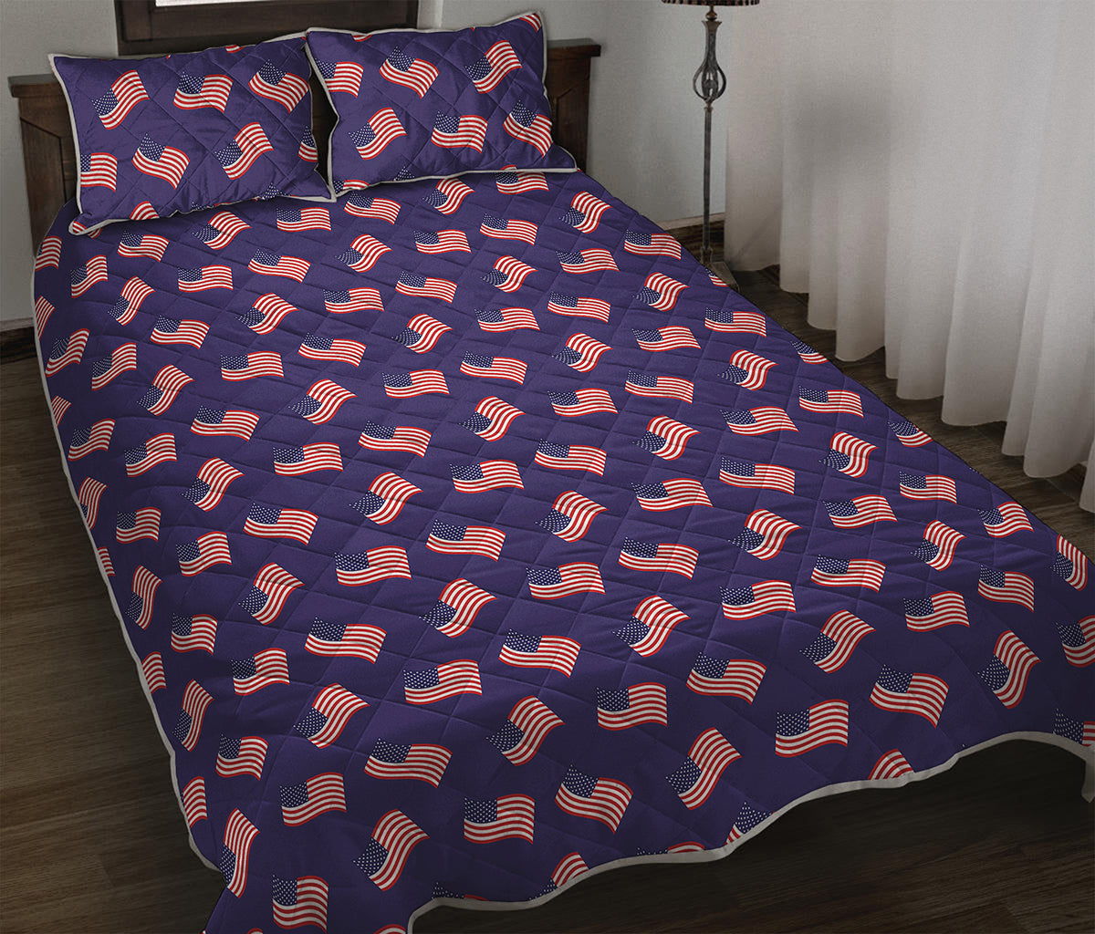 4th of July American Flag Pattern Print Quilt Bed Set