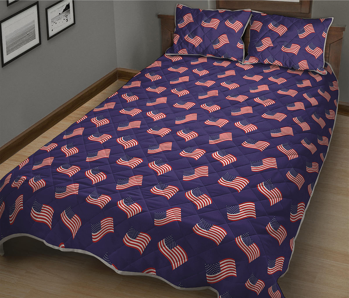 4th of July American Flag Pattern Print Quilt Bed Set