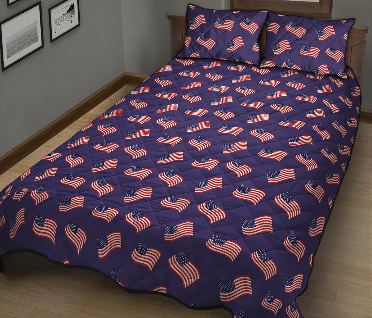 4th of July American Flag Pattern Print Quilt Bed Set