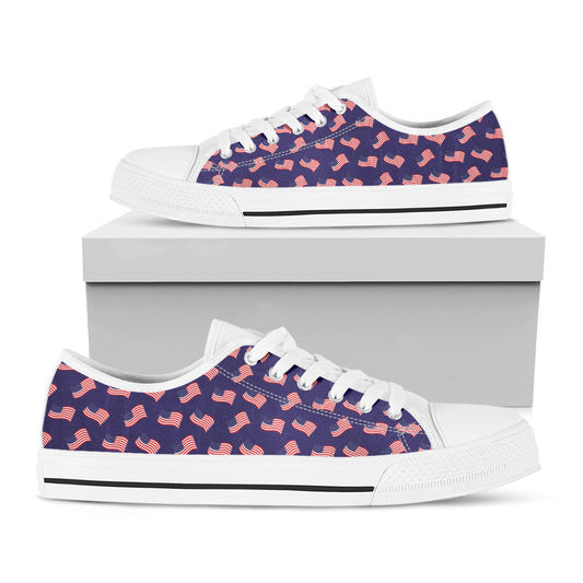 4th of July American Flag Pattern Print White Low Top Shoes