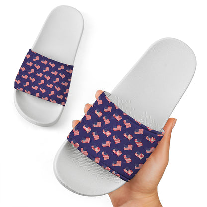 4th of July American Flag Pattern Print White Slide Sandals