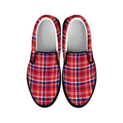 4th of July American Plaid Print Black Slip On Shoes