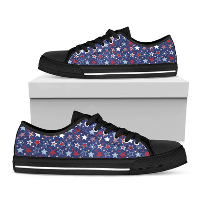 4th of July American Star Pattern Print Black Low Top Shoes