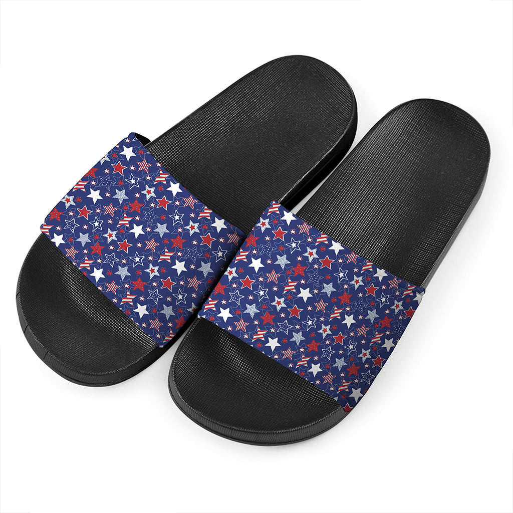4th of July American Star Pattern Print Black Slide Sandals
