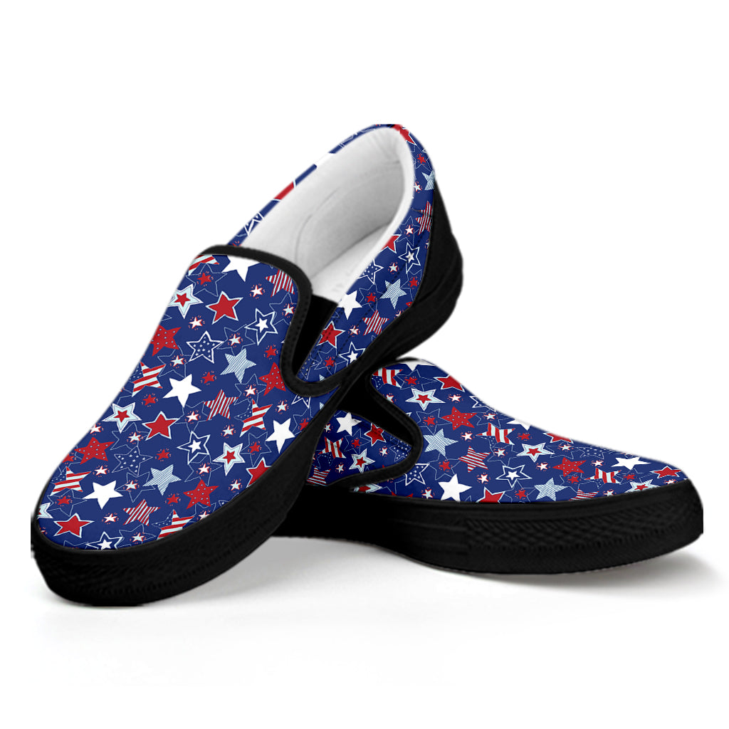 4th of July American Star Pattern Print Black Slip On Shoes