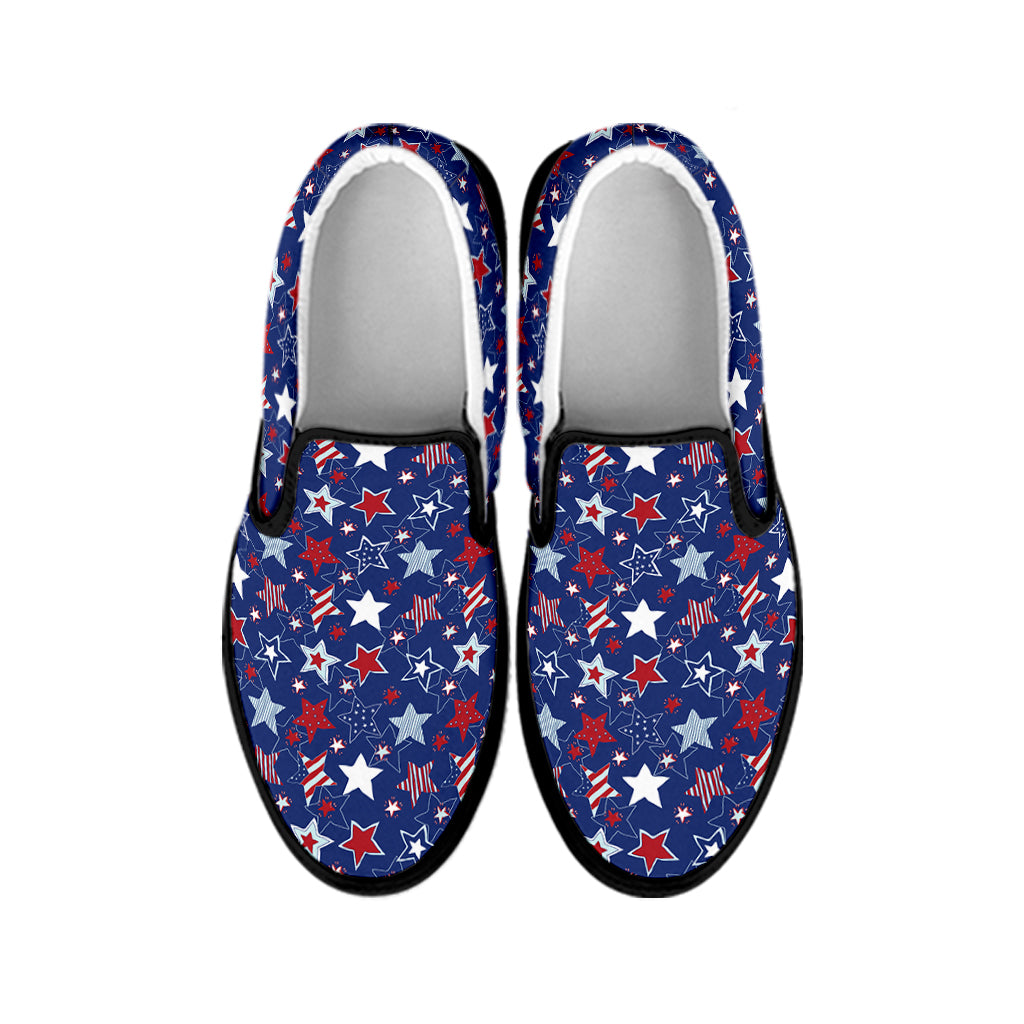 4th of July American Star Pattern Print Black Slip On Shoes