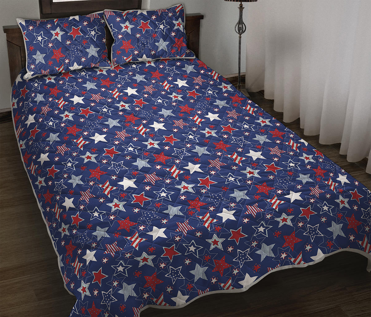 4th of July American Star Pattern Print Quilt Bed Set