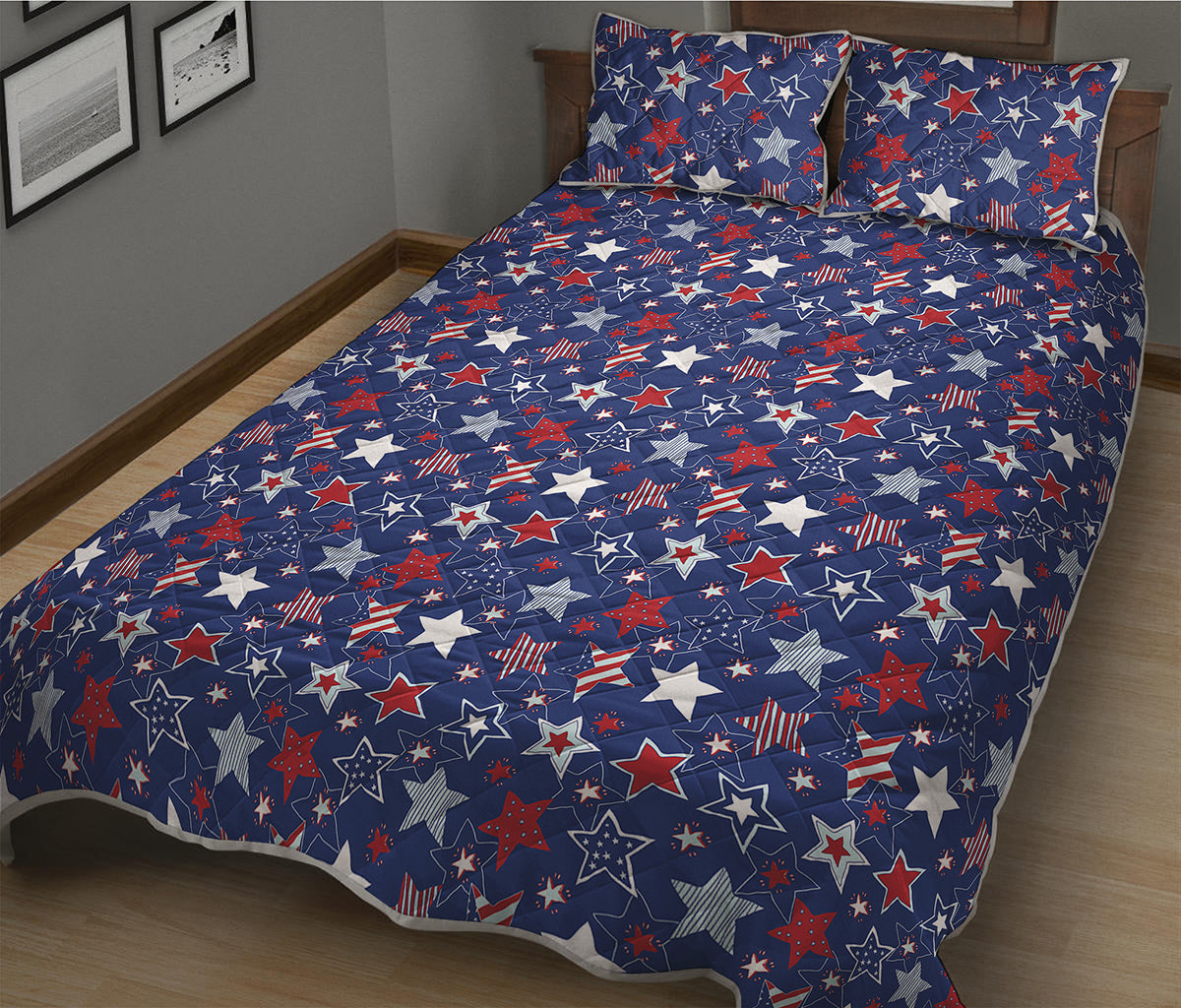 4th of July American Star Pattern Print Quilt Bed Set