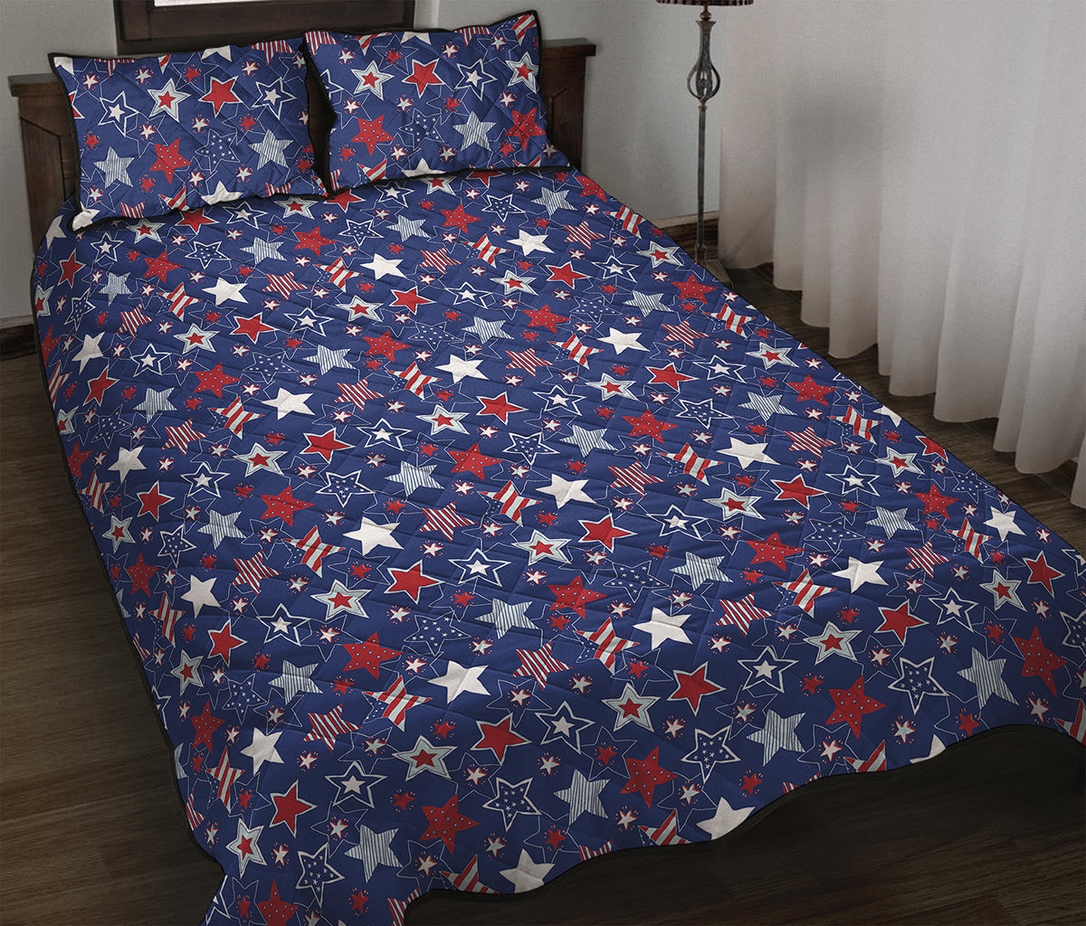 4th of July American Star Pattern Print Quilt Bed Set