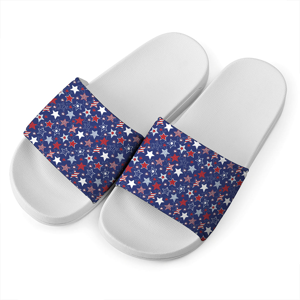 4th of July American Star Pattern Print White Slide Sandals