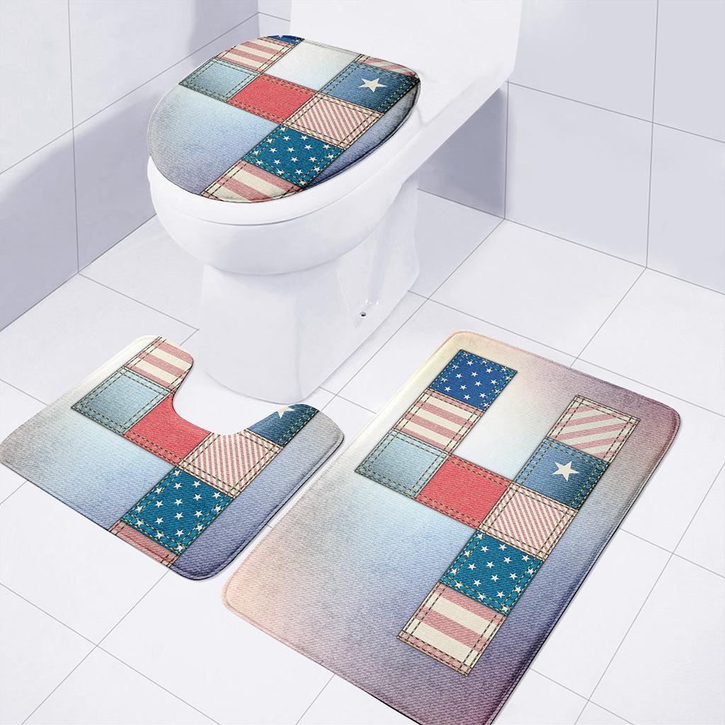 4th of July USA Denim Patchwork Print 3 Piece Bath Mat Set