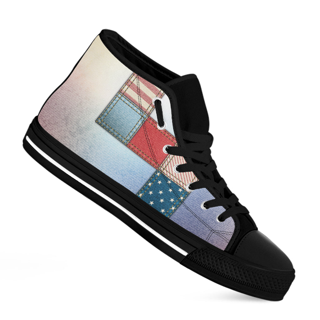 4th of July USA Denim Patchwork Print Black High Top Shoes