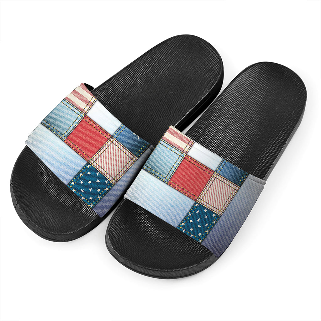 4th of July USA Denim Patchwork Print Black Slide Sandals