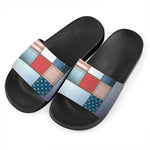 4th of July USA Denim Patchwork Print Black Slide Sandals