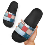 4th of July USA Denim Patchwork Print Black Slide Sandals