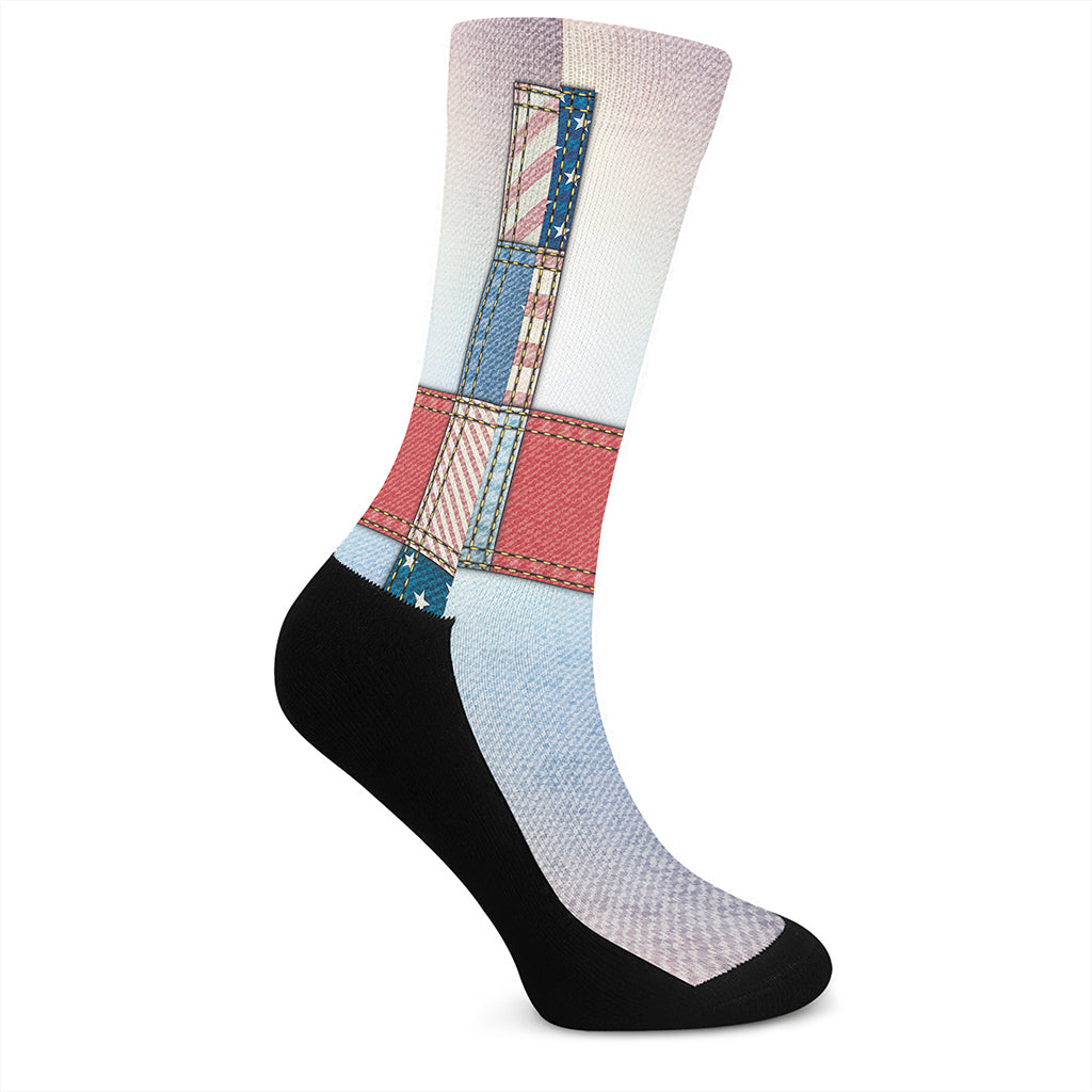 4th of July USA Denim Patchwork Print Crew Socks