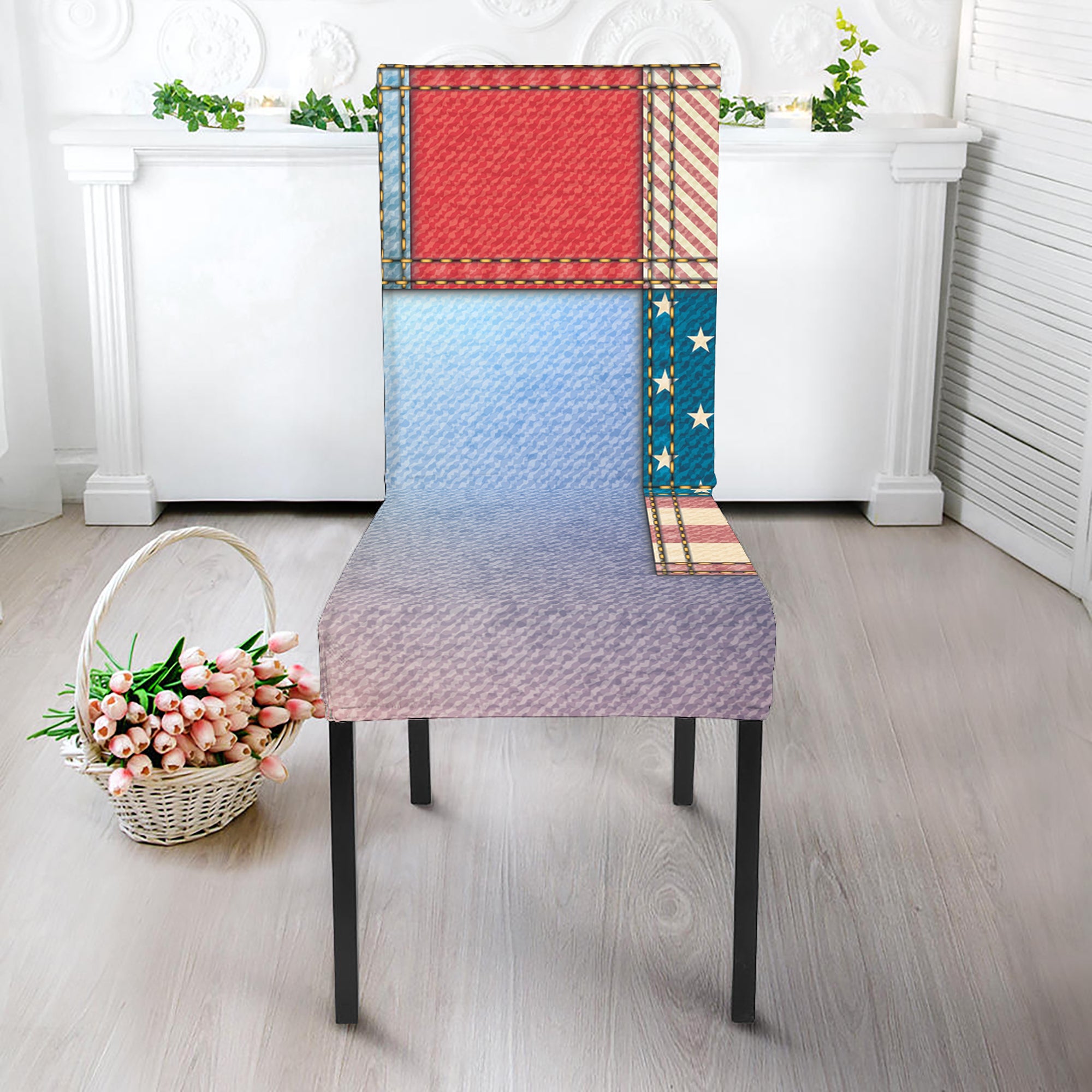 4th of July USA Denim Patchwork Print Dining Chair Slipcover