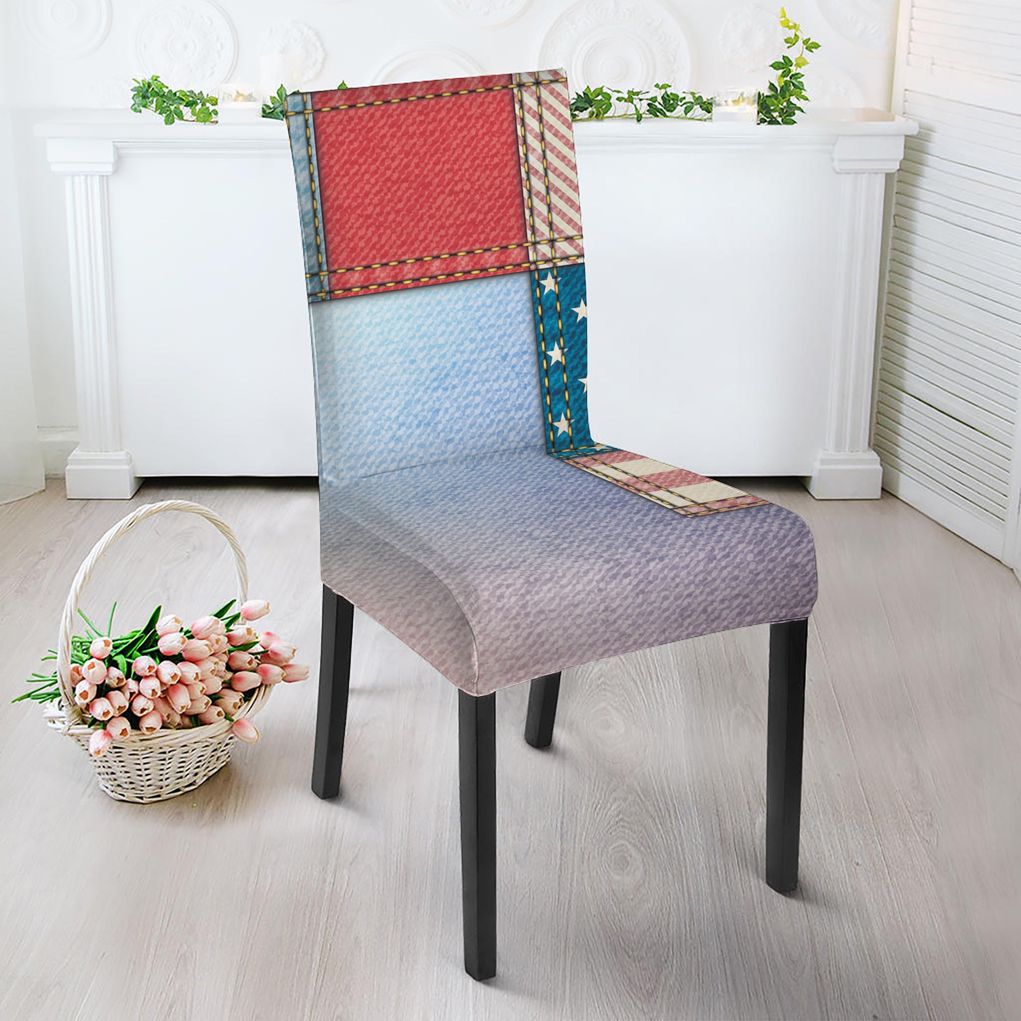 4th of July USA Denim Patchwork Print Dining Chair Slipcover