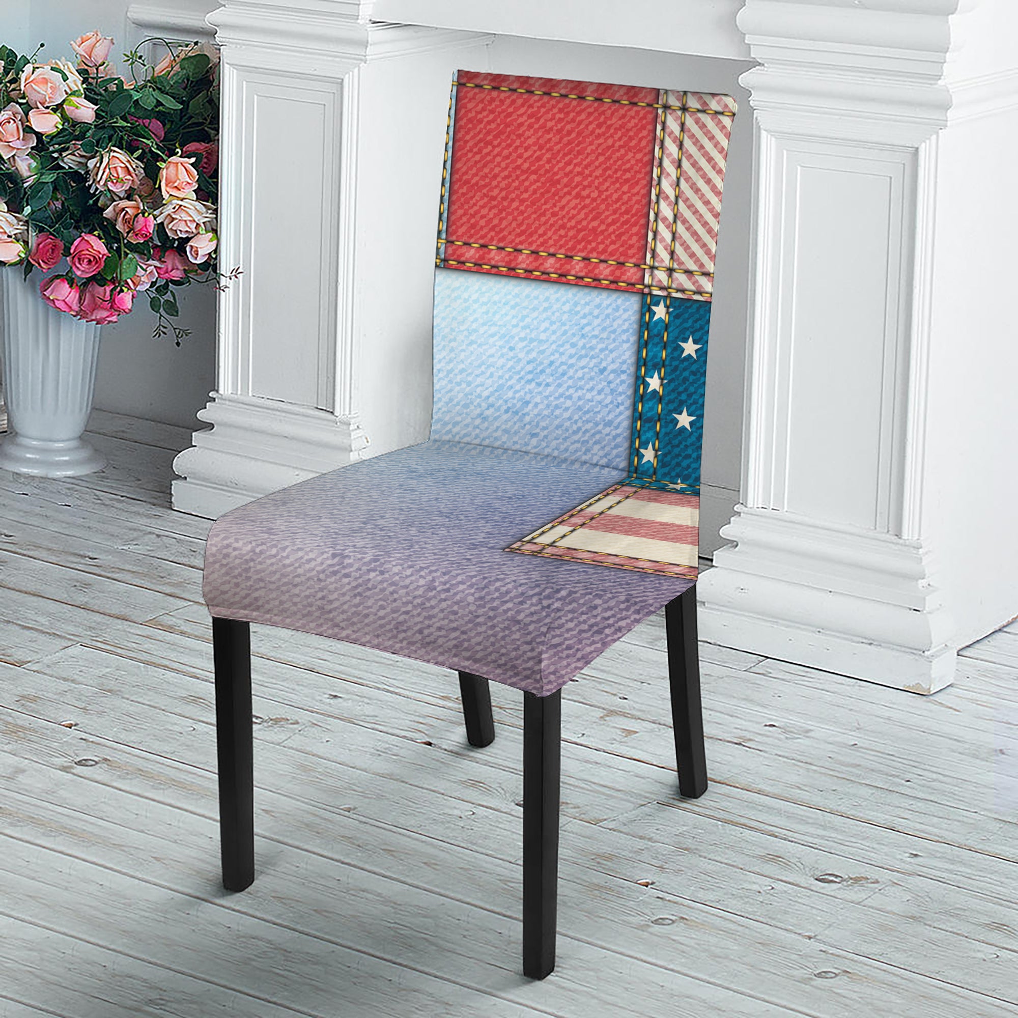 4th of July USA Denim Patchwork Print Dining Chair Slipcover