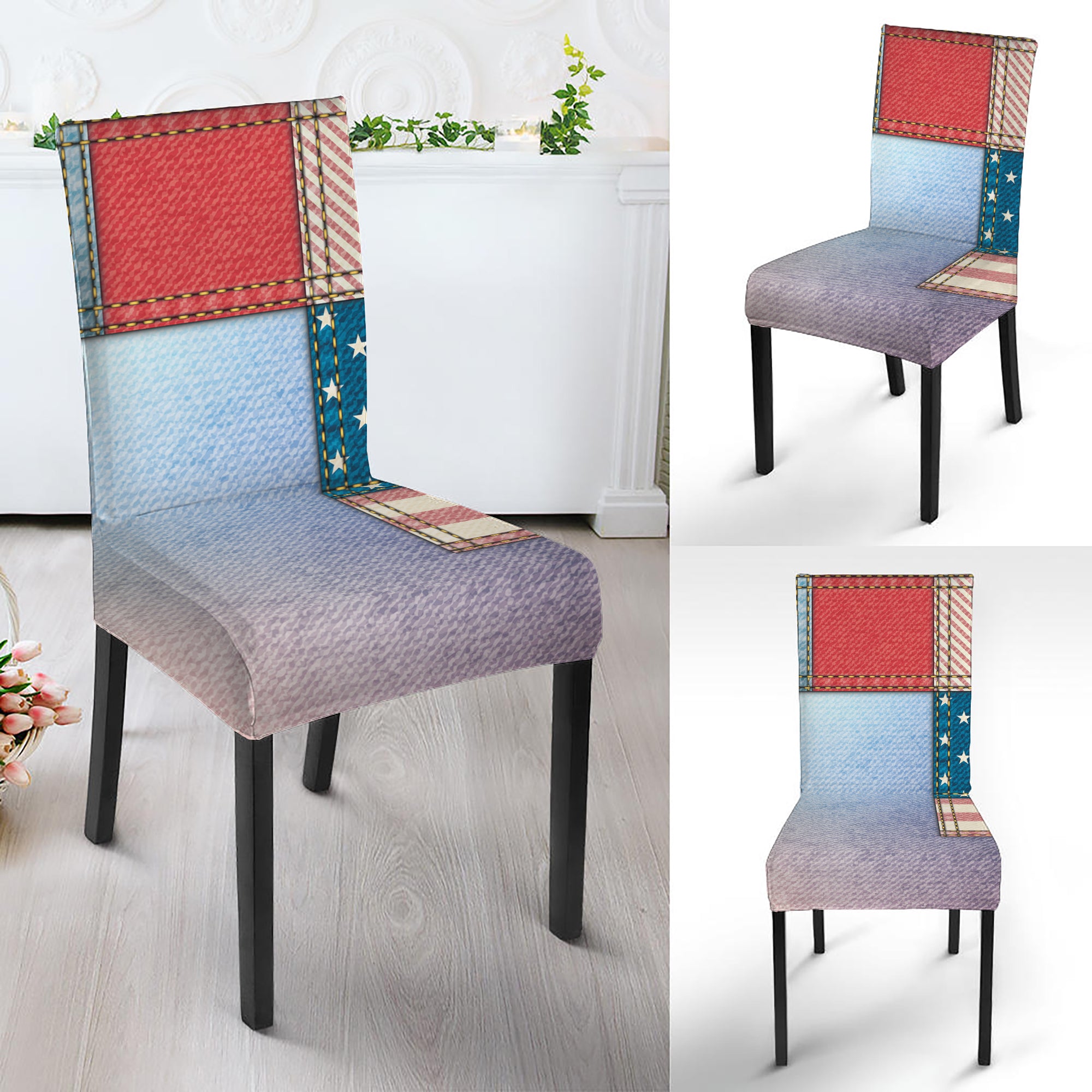 4th of July USA Denim Patchwork Print Dining Chair Slipcover