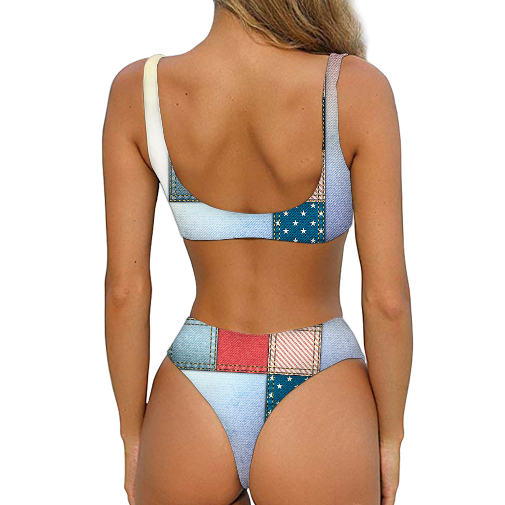 4th of July USA Denim Patchwork Print Front Bow Tie Bikini