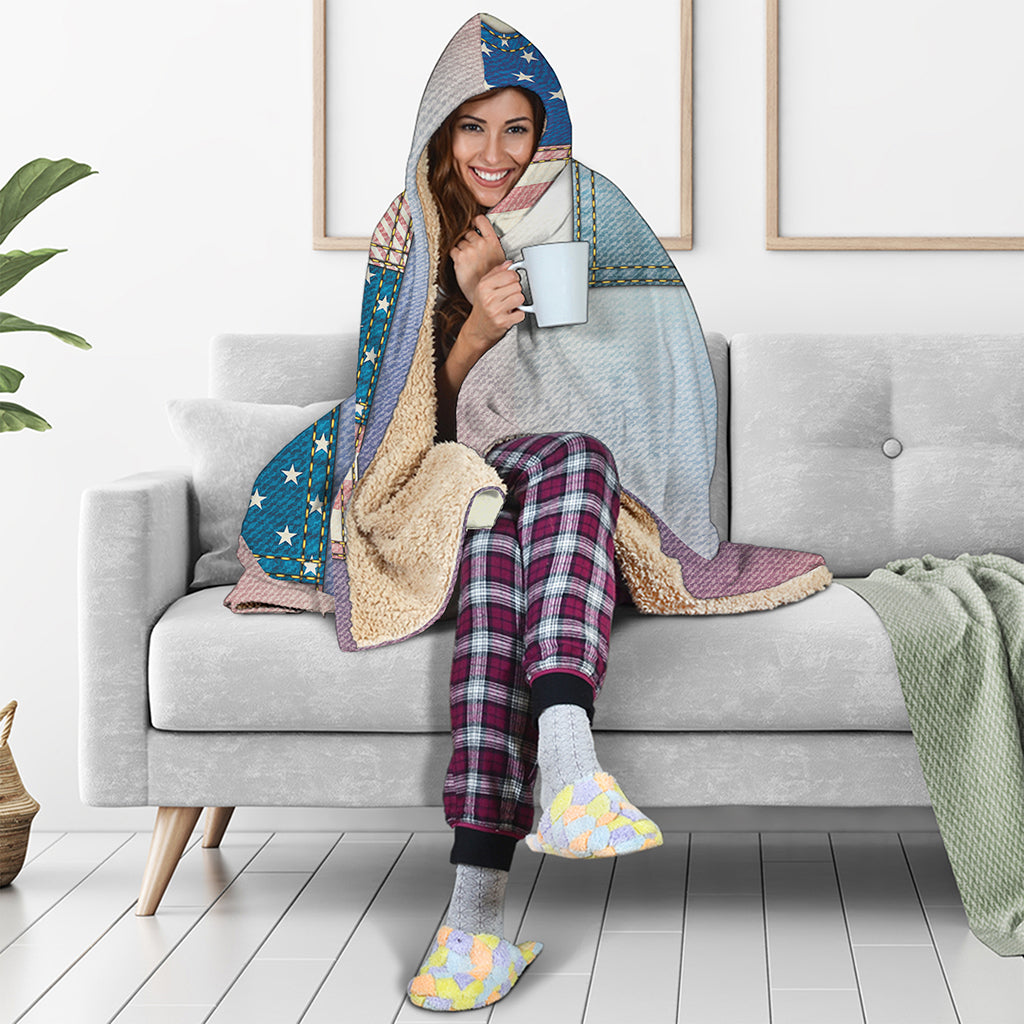 4th of July USA Denim Patchwork Print Hooded Blanket