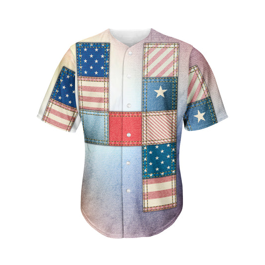 4th of July USA Denim Patchwork Print Men's Baseball Jersey