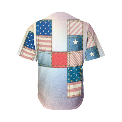 4th of July USA Denim Patchwork Print Men's Baseball Jersey